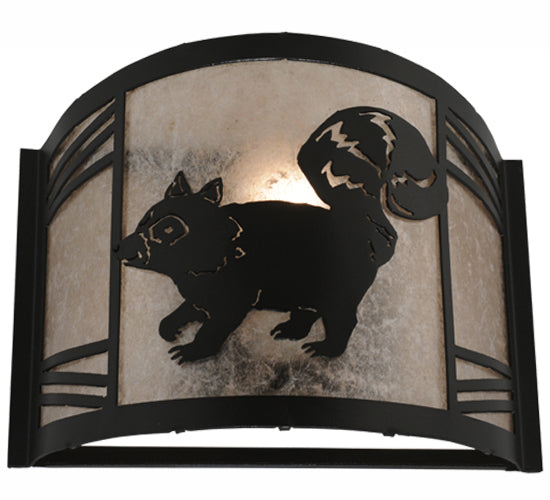 Meyda Lighting Raccoon on the Loose 12" Textured Black Left Wall Sconce With Silver Mica Shade Glass