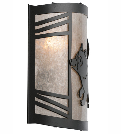 Meyda Lighting Raccoon on the Loose 12" Textured Black Left Wall Sconce With Silver Mica Shade Glass