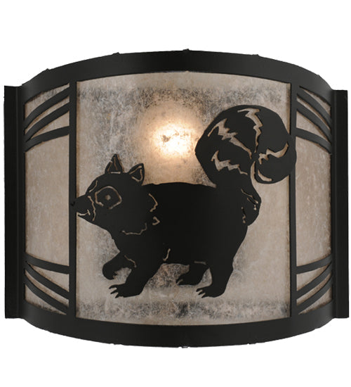 Meyda Lighting Raccoon on the Loose 12" Textured Black Left Wall Sconce With Silver Mica Shade Glass