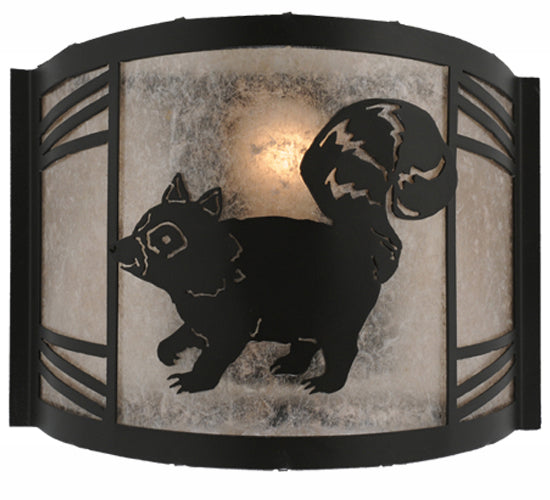 Meyda Lighting Raccoon on the Loose 247208 12" Textured Black Left Wall Sconce With Silver Mica Shade Glass