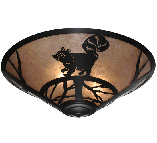 Meyda Lighting Racoon on the Loose 22" 3-Light Textured Black Flush Mount Light With Silver Mica Shade Glass