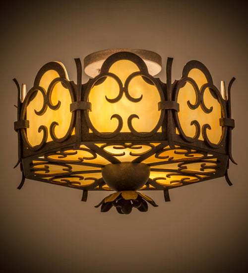 Meyda Lighting Radha 15" 2-Light Cajun Spice Textured Flush Mount Light With Beige Art Shade Glass