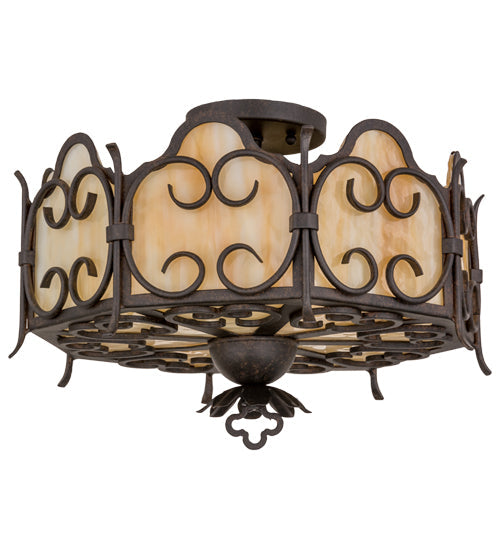 Meyda Lighting Radha 16" 3-Light Chesnut Flush Mount Light With Beige Art Shade Glass
