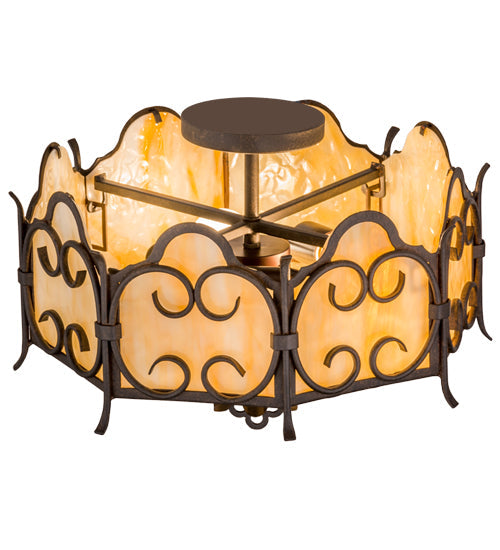 Meyda Lighting Radha 16" 3-Light Chesnut Flush Mount Light With Beige Art Shade Glass