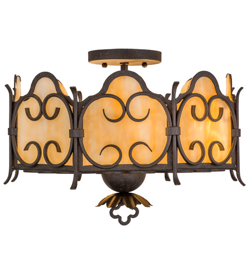 Meyda Lighting Radha 16" 3-Light Chesnut Flush Mount Light With Beige Art Shade Glass