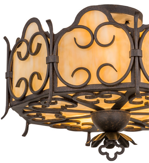 Meyda Lighting Radha 16" 3-Light Chesnut Flush Mount Light With Beige Art Shade Glass
