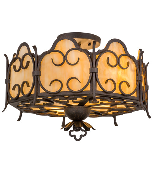 Meyda Lighting Radha 16" 3-Light Chesnut Flush Mount Light With Beige Art Shade Glass