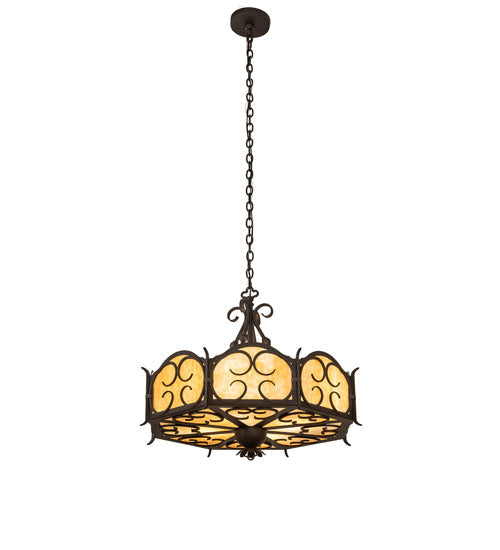 Meyda Lighting Radha 30" 4-Light Chestnut Pendant Light With Beige Art Shade Glass