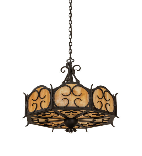 Meyda Lighting Radha 30" 4-Light Chestnut Pendant Light With Beige Art Shade Glass