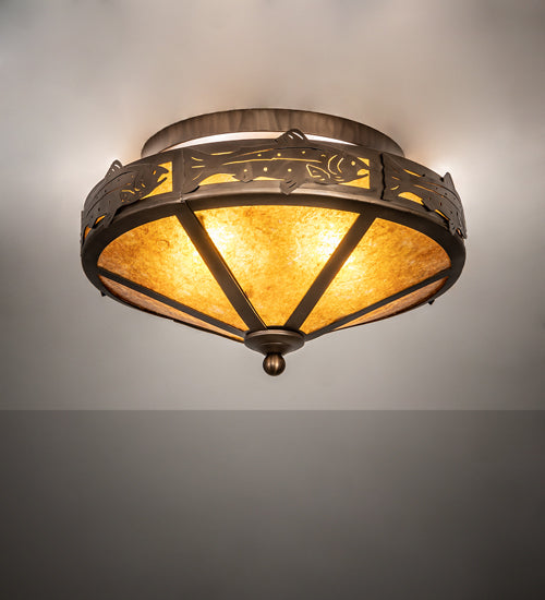 Meyda Lighting Rainbow Trout 16" 2-Light Antique Copper Flush Mount Light With Amber Mica Shade Glass