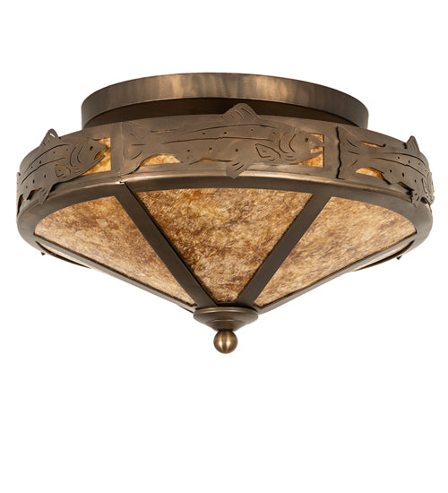 Meyda Lighting Rainbow Trout 16" 2-Light Antique Copper Flush Mount Light With Amber Mica Shade Glass