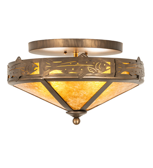 Meyda Lighting Rainbow Trout 16" 2-Light Antique Copper Flush Mount Light With Amber Mica Shade Glass