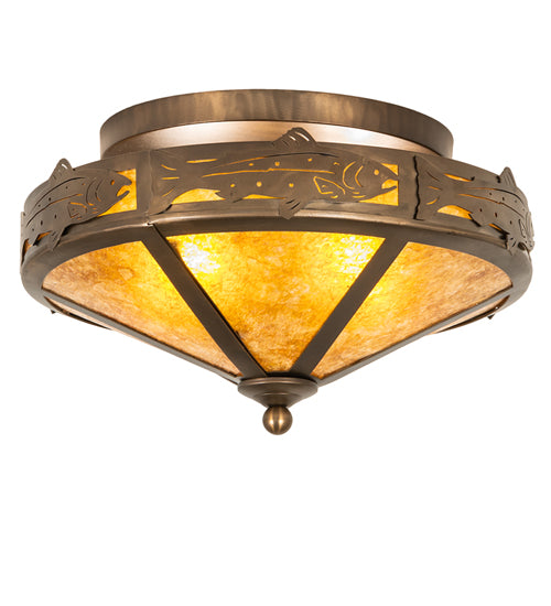 Meyda Lighting Rainbow Trout 16" 2-Light Antique Copper Flush Mount Light With Amber Mica Shade Glass