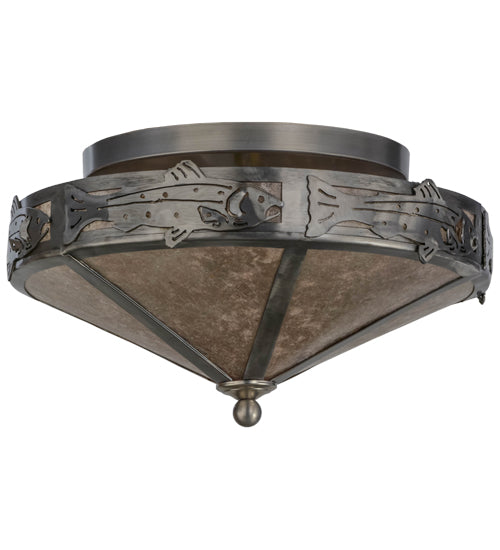 Meyda Lighting Rainbow Trout 16" 2-Light Industrial Steel Flush Mount Light With Silver Mica Shade Glass