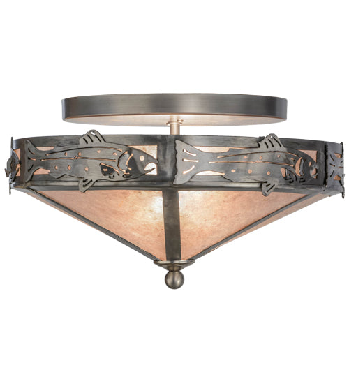 Meyda Lighting Rainbow Trout 16" 2-Light Industrial Steel Flush Mount Light With Silver Mica Shade Glass