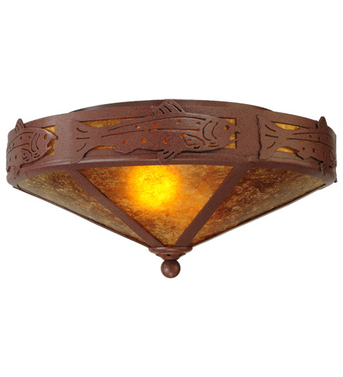 Meyda Lighting Rainbow Trout 16" 2-Light Rust Flush Mount Light With Amber Mica Shade Glass