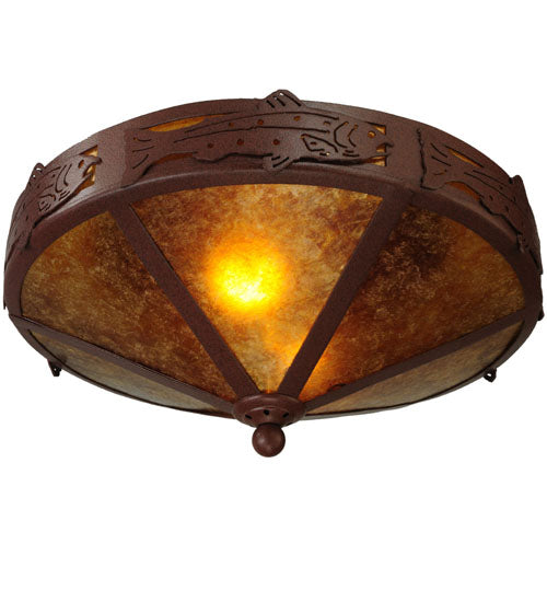 Meyda Lighting Rainbow Trout 16" 2-Light Rust Flush Mount Light With Amber Mica Shade Glass