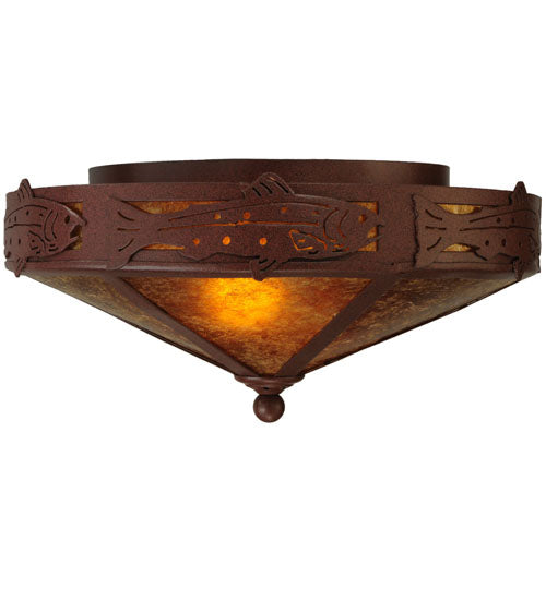 Meyda Lighting Rainbow Trout 16" 2-Light Rust Flush Mount Light With Amber Mica Shade Glass