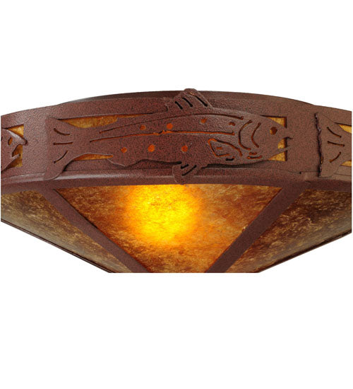 Meyda Lighting Rainbow Trout 16" 2-Light Rust Flush Mount Light With Amber Mica Shade Glass