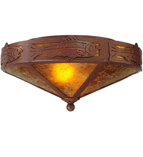 Meyda Lighting Rainbow Trout 16" 2-Light Rust Flush Mount Light With Amber Mica Shade Glass