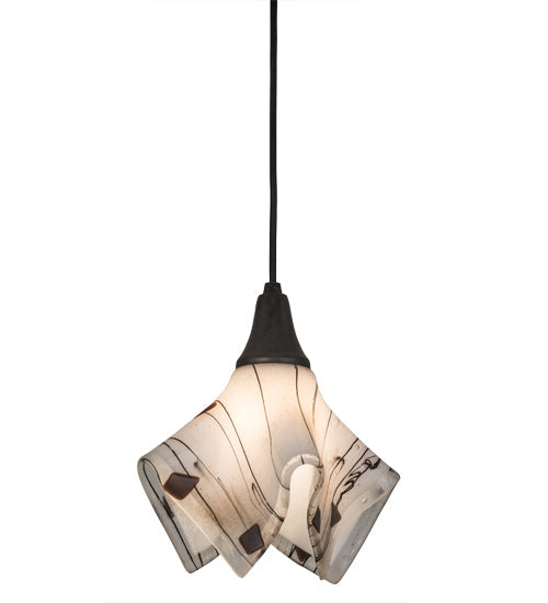 Meyda Lighting Ramoscelli 10" Craftsman Brown Pendant Light With White Iridescent & Black Streamers Shade Glass
