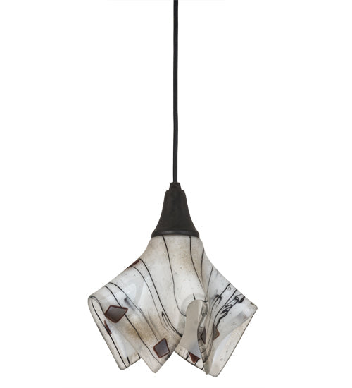 Meyda Lighting Ramoscelli 10" Craftsman Brown Pendant Light With White Iridescent & Black Streamers Shade Glass