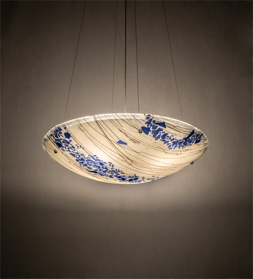 Meyda Lighting Ramoscelli 30" 4-Light Brushed Nickel Inverted Pendant Light With Blue & White Iridescent Shade Glass