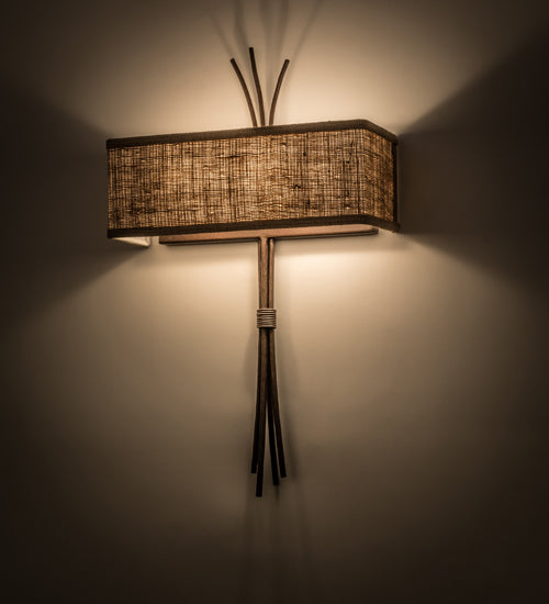 Meyda Lighting Ramus 14" 2-Light Cafe Noir Wall Sconce With Beige Burlap Textrene Shade