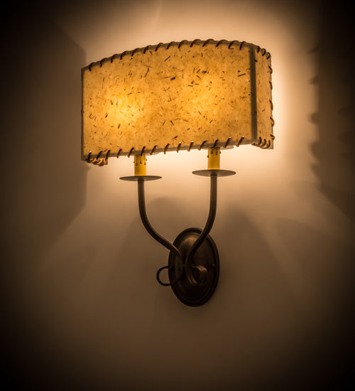 Meyda Lighting Ranchero 15" 2-Light Mahogany Bronze Wall Sconce With Beige Strawgrass Parchment Shade