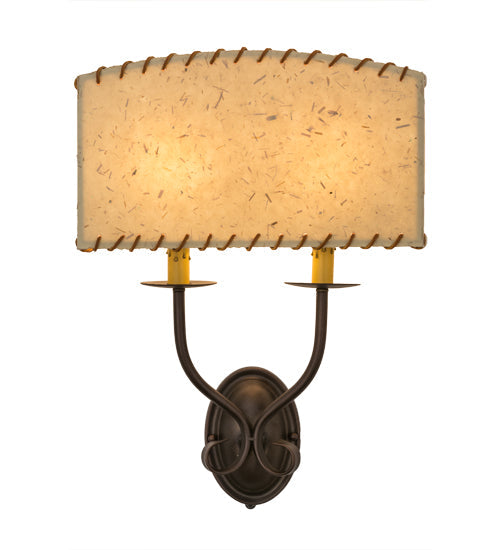Meyda Lighting Ranchero 15" 2-Light Mahogany Bronze Wall Sconce With Beige Strawgrass Parchment Shade