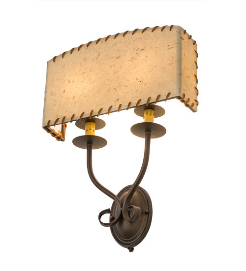 Meyda Lighting Ranchero 15" 2-Light Mahogany Bronze Wall Sconce With Beige Strawgrass Parchment Shade