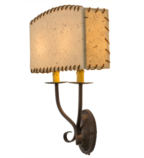 Meyda Lighting Ranchero 15" 2-Light Mahogany Bronze Wall Sconce With Beige Strawgrass Parchment Shade
