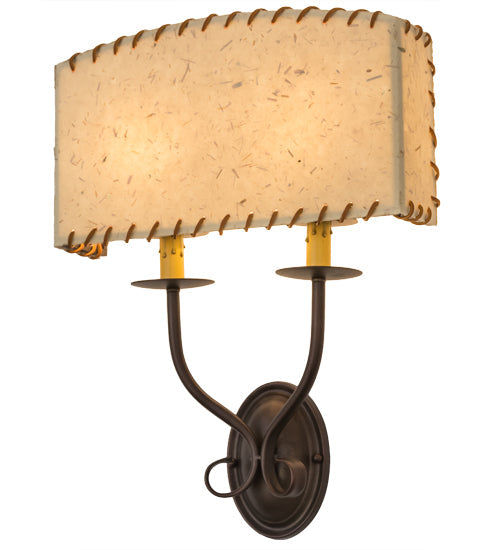 Meyda Lighting Ranchero 15" 2-Light Mahogany Bronze Wall Sconce With Beige Strawgrass Parchment Shade