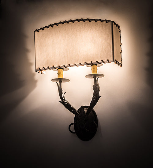 Meyda Lighting Ranchero 15" 2-Light Old Wrought Iron Wall Sconce With Cream Textrene Shade