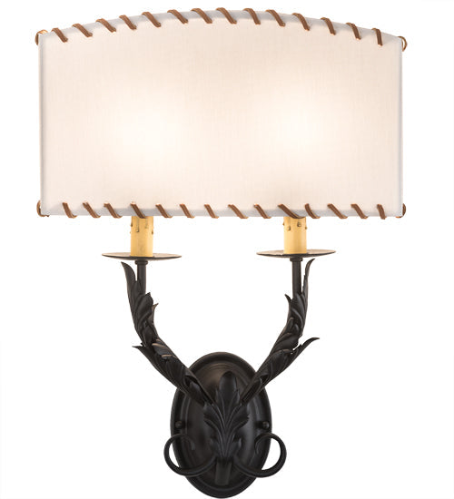 Meyda Lighting Ranchero 15" 2-Light Old Wrought Iron Wall Sconce With Cream Textrene Shade
