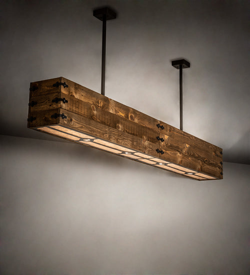 Meyda Lighting Reclamare 120" 12-Light Natural Wood & Oil Rubbed Bronze Island Pendant Light With Silver Mica Shade Glass