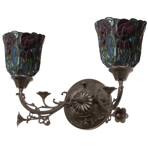 Meyda Lighting Red Rosebud 19" 2-Light Mahogany Bronze Wall Sconce With Multi-Colored Shade Glass