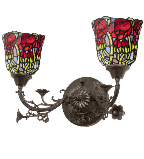 Meyda Lighting Red Rosebud 19" 2-Light Mahogany Bronze Wall Sconce With Multi-Colored Shade Glass