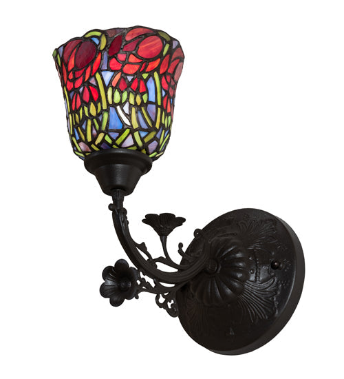 Meyda Lighting Red Rosebud 6" Mahogany Bronze Wall Sconce With Multi-Colored Shade Glass
