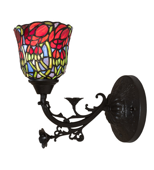 Meyda Lighting Red Rosebud 6" Mahogany Bronze Wall Sconce With Multi-Colored Shade Glass