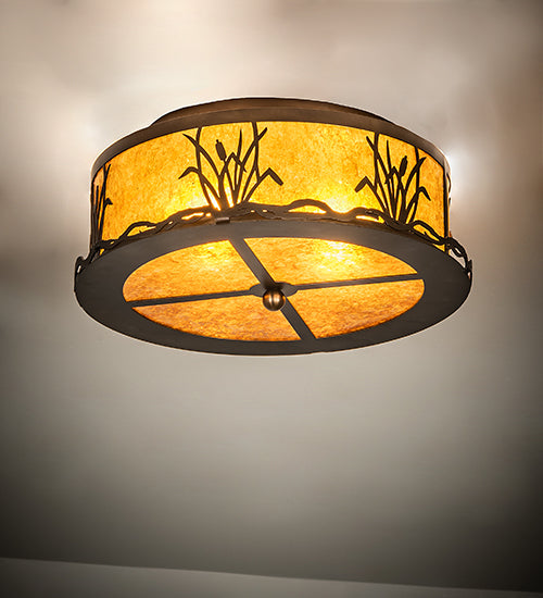 Meyda Lighting Reeds & Cattails 16" 2-Light Antique Copper Flush Mount Light With Amber Mica Shade Glass