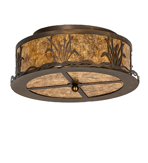 Meyda Lighting Reeds & Cattails 16" 2-Light Antique Copper Flush Mount Light With Amber Mica Shade Glass