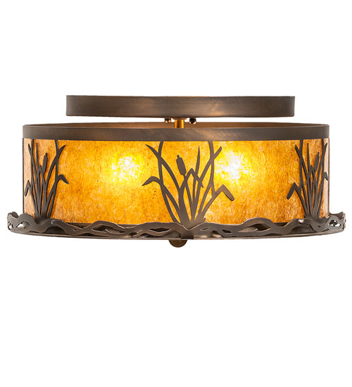 Meyda Lighting Reeds & Cattails 16" 2-Light Antique Copper Flush Mount Light With Amber Mica Shade Glass