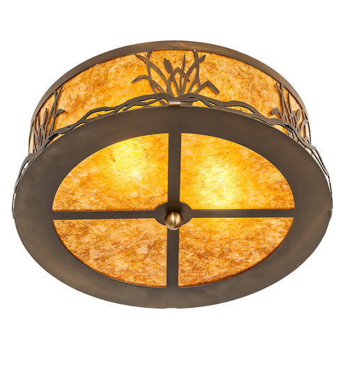 Meyda Lighting Reeds & Cattails 16" 2-Light Antique Copper Flush Mount Light With Amber Mica Shade Glass