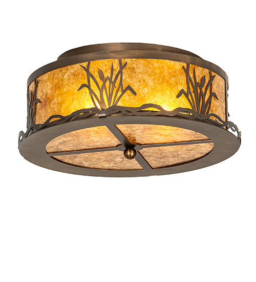 Meyda Lighting Reeds & Cattails 16" 2-Light Antique Copper Flush Mount Light With Amber Mica Shade Glass