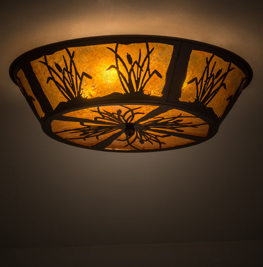 Meyda Lighting Reeds & Cattails 22" 4-Light Cafe Noir Flush Mount Light With Amber Mica Shade Glass