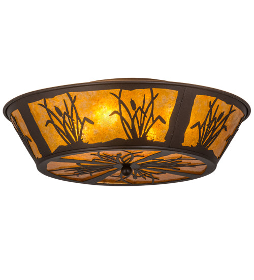 Meyda Lighting Reeds & Cattails 22" 4-Light Cafe Noir Flush Mount Light With Amber Mica Shade Glass