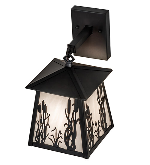 Meyda Lighting Reeds & Cattails 7" Black On Brass Hanging Wall Sconce With White Shade Glass