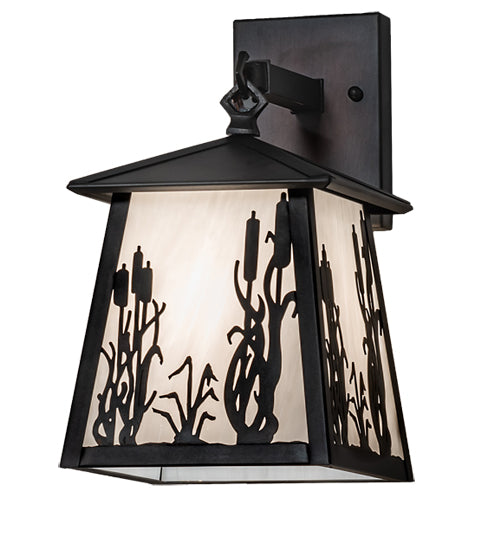 Meyda Lighting Reeds & Cattails 7" Black On Brass Hanging Wall Sconce With White Shade Glass