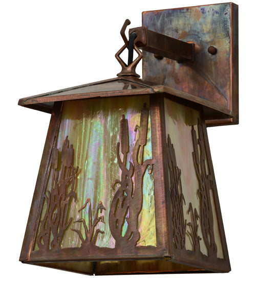 Meyda Lighting Reeds & Cattails 7" Vintage Copper Hanging Wall Sconce With Beige Iridescent Shade Glass